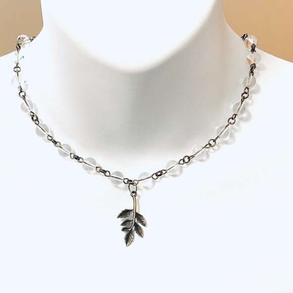 Genuine Clear Quartz Short Necklace, Bronze Leaf Branch + Natural Gemstone - Picture 2 of 16